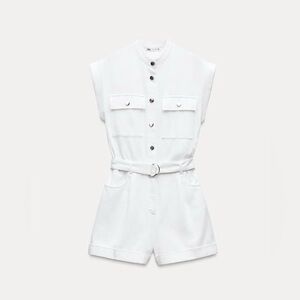 White Sleeveless Utility Romper with Belt